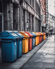 Recycling bins filled with sorted waste material, showcasing effective waste management technology in a busy city street with a documentary-style approach, Generative AI