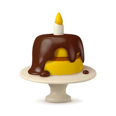 Birthday chocolate cake vector 3d icon on plate with candle. Cartoon celebration emoji isolated on white background