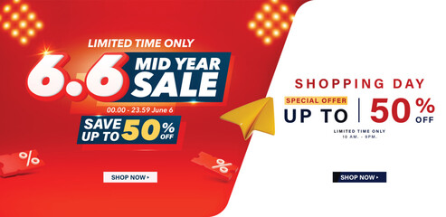 6.6 Mid year sale banner template. Vector illustration banner are available for use on online shopping websites or in social media advertising.