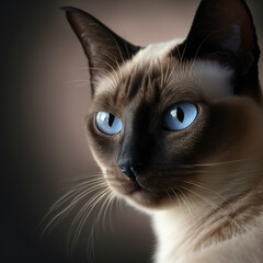 Studio shot with cute siamese cat portrait with the curiosity and innocent look as concept of modern happy domestic pet in ravishing hyper realistic detail by Generative AI.