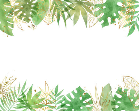 夏の植物 南国の葉とゴールドラインのフレーム素材ベクターイラスト上下セット　グリーン