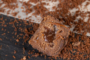 sweet chocolates with soft filling, chocolate pieces