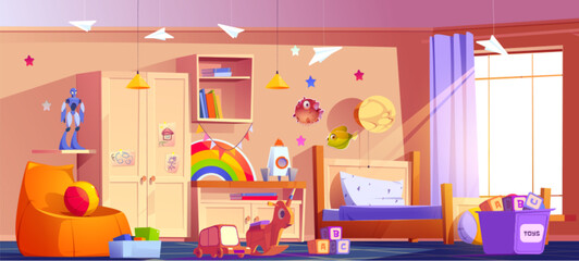 Kid bedroom interior with bed for boy child cartoon vector. Indoor home furniture background illustration with window, bookshelf, cupboard and rainbow sticker. Preschool playroom decoration in flat