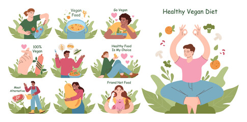 Healthy vegan diet set. Character cooking or eating fresh vegetables, - obrazy, fototapety, plakaty
