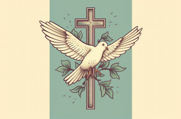 a white dove and branches flying above a black background with a cross
