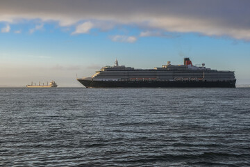 Luxury ocean liner cruiseship cruise ship Victoria or Elizabeth in port of Lisbon, Portugal during...