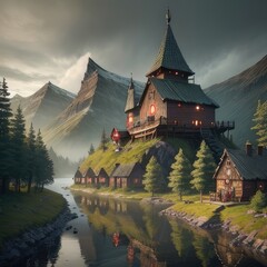 Fototapeta premium viking villagers photo realistic forest mountain river boat viking house