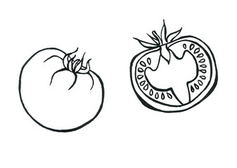 Line drawing of a whole tomato and one cut in half. Black lines, white background.