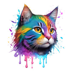 Multicolor cat head artwork adds depth and dimension, creating an eye catching, AI generative.