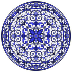 Illustration in stained glass style, round mirror image with floral ornaments and swirls,blue tone