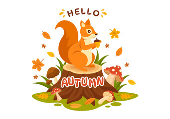 Autumn Vector Illustration Panoramic of Mountains and Maple Trees Fallen with Yellow Foliage in Flat Cartoon Hand Drawn Landing Page Templates