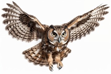 Flying great horned owl isolated on white, Generative AI