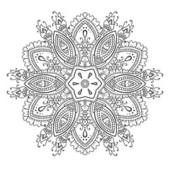 Floral filigree mandala for coloring book, circle mehndi ornament, psychedelic illustration, black line art on white background