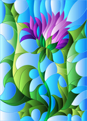 Fototapeta na wymiar An illustration in the style of a stained glass window with a bright purple flower on a blue sky background