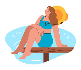 Swimming set. Diverse characters swimming in the sea. Summer holidays