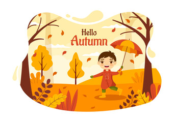 Autumn Vector Illustration Kids Panoramic of Mountains and Maple Trees Fallen with Yellow Foliage in Cartoon Hand Drawn Landing Page Templates