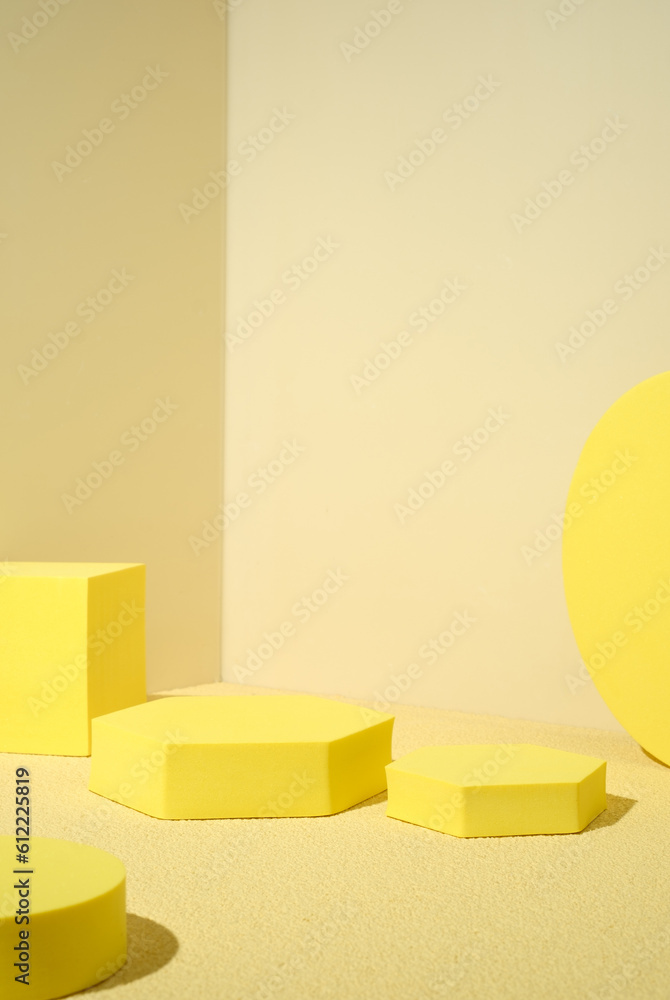 Aufkleber yellow pedestal product display background with modern geometric block in sunshine light with summer