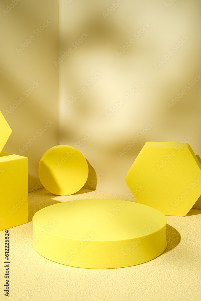 Aufkleber yellow pedestal product display background with modern geometric block in sunshine light shadow with