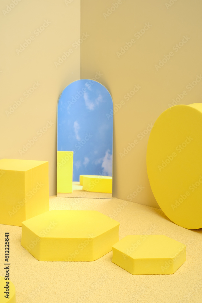 Aufkleber yellow pedestal product display background with modern geometric block and mirror sky in sunshine li