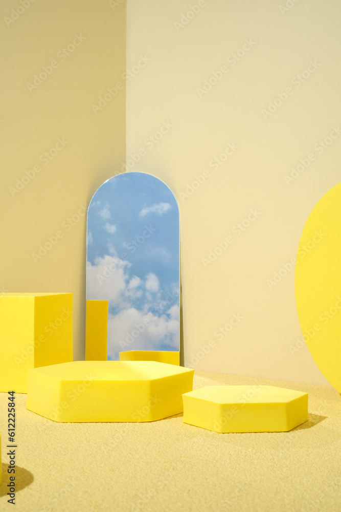 Poster yellow pedestal product display background with modern geometric block and mirror sky in sunshine li