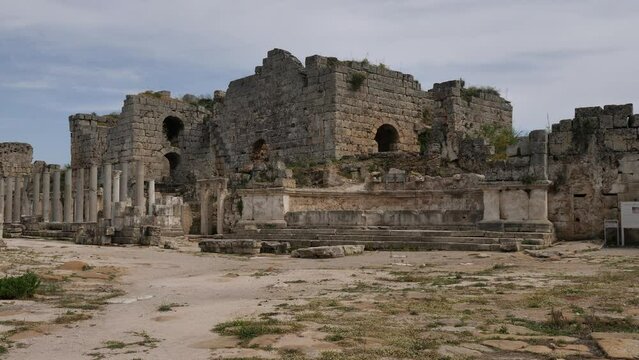 Scenic ruins of the nymphaeum in Perge (Perga). Turkey. High quality FullHD footage