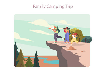 Family trip. Big family with children camping or hiking on a summer