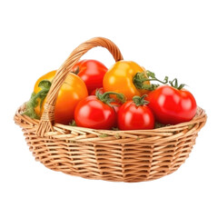 Wicker basket full of delicious ripe tomatoes isolated on transparent background, png clip art. Template for vegetable flavor mark. Generated with AI.