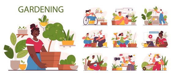 Characters enjoy gardening set. People planting and taking care