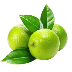 Fototapeta na wymiar Delicious green limes isolated on transparent background, png clip art, template for mark fruit flavor on label of product. Generated with AI.