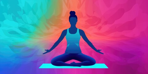 Fototapeta na wymiar Silhouette of Yoga woman in lotus pose on colorful background, created with generative ai
