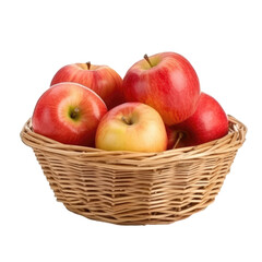Illustration of wicker basket full of fresh ripe red apples isolated on transparent background. PNG clip art element. Generated with AI.