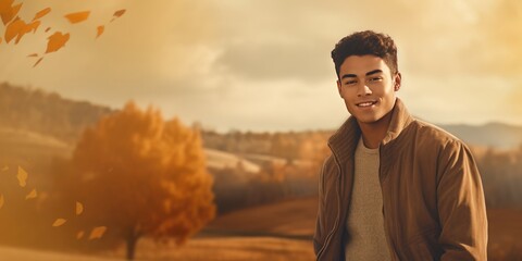 Beautiful latin male peron in autumn, National Hispanic Heritage Month september / october, banner of unfocused landscape, reminder of historical and cultural event, created with generative ai