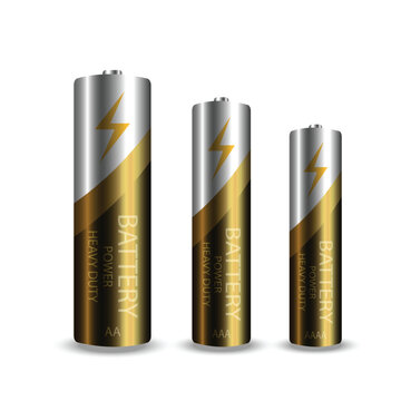 Gold and silver realistic alkaline battery illustration. Diffrent size isolated on white background.