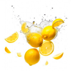 Fototapeta na wymiar Lemon into of burst splashes of juices on white. Vector illustration. Generative AI.