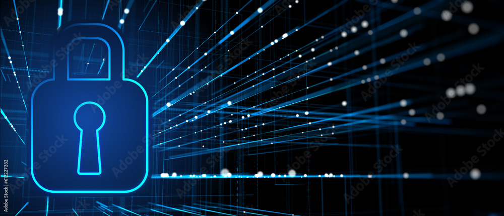 Poster Abstract wide dark blue digital mesh background with glowing padlock icon. Safety and secure concept. 3D Rendering.