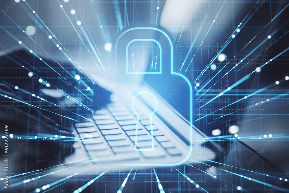 Poster Close up of hands using laptop with abstract glowing padlock and digital blue mesh hologram on blurry background. Safety and secure concept. Double exposure.