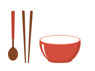 Spoon, chopsticks and red bowl icon sign isolated on white background vector illlustration.