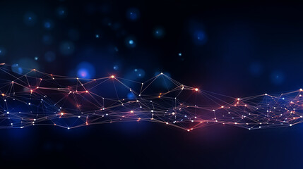 A technology bright stream line connecting dots horizontally, on a dark blue background, generative AI