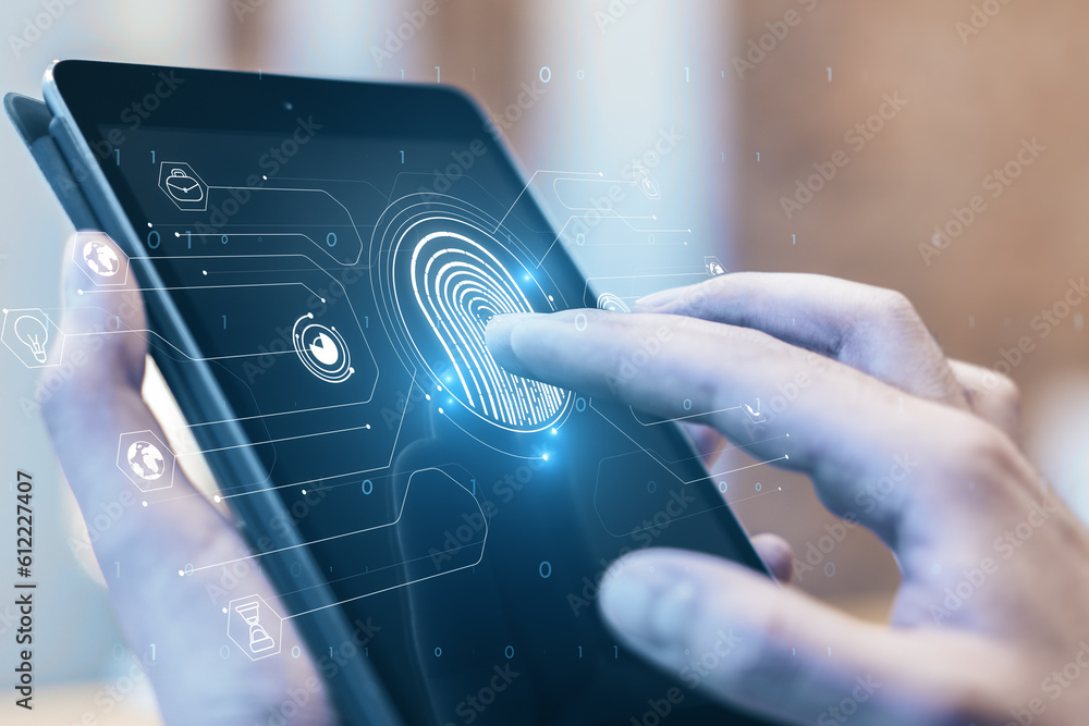 Poster Man using digital tablet with fingerprint authentication interface