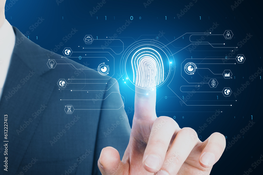 Poster businessman push the button fingerprint, digital access concept