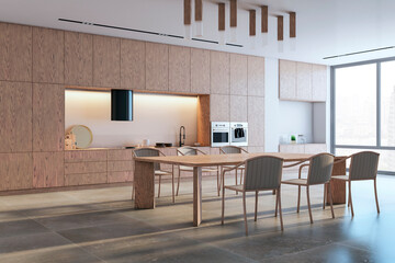 Perspective view of modern kitchen interior design with wooden dining table with chairs, tiles floor and contemporary lamps. 3D Rendering