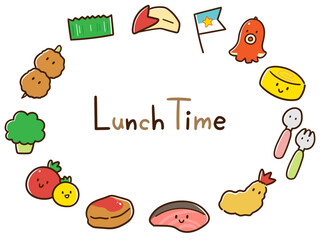 お弁当のおかずのキャラクターのかわいいデフォルメフレームイラスト