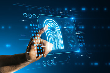 Identification system and biometric ID concept with man hand using virtual touch screen with digital finger print with user technological screen on dark background