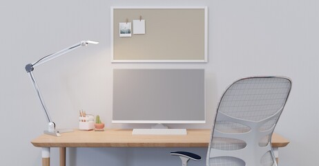Desk, white office room minimalist style with computer stationery and broad post it and lamp broad pasted notes 3D illustrations