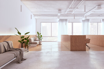 Clean bright concrete and wooden coworking office interior with panoramic windows and daylight. 3D Rendering.