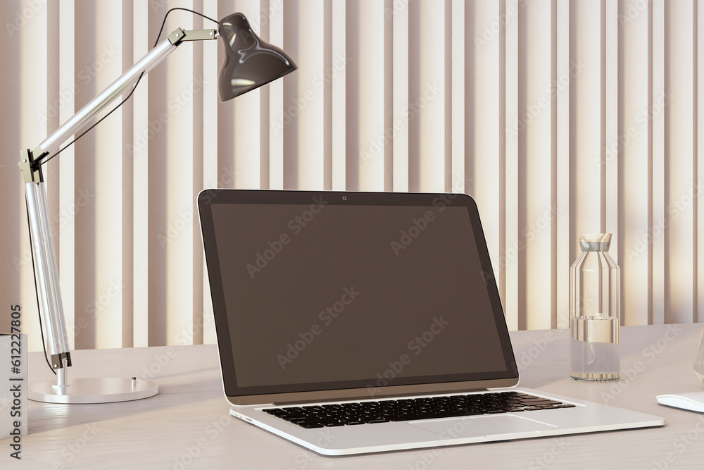 Poster Close up of creative designer office workplace with empty mock up laptop screen and other items. Decorative wall in the background. 3D Rendering.