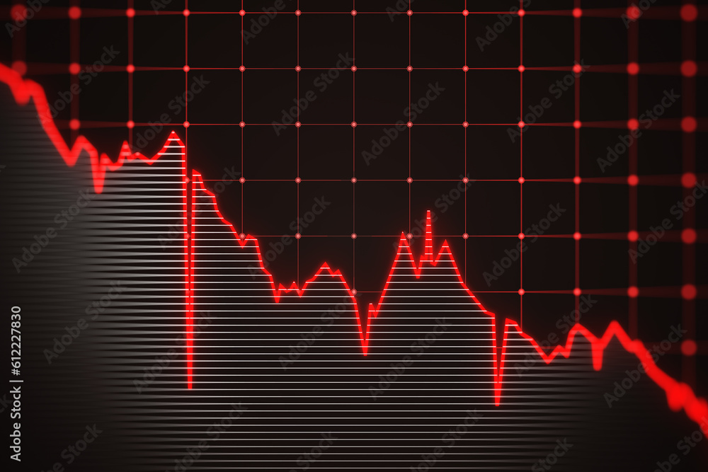 Poster falling down red financial chart background. 3d rendering