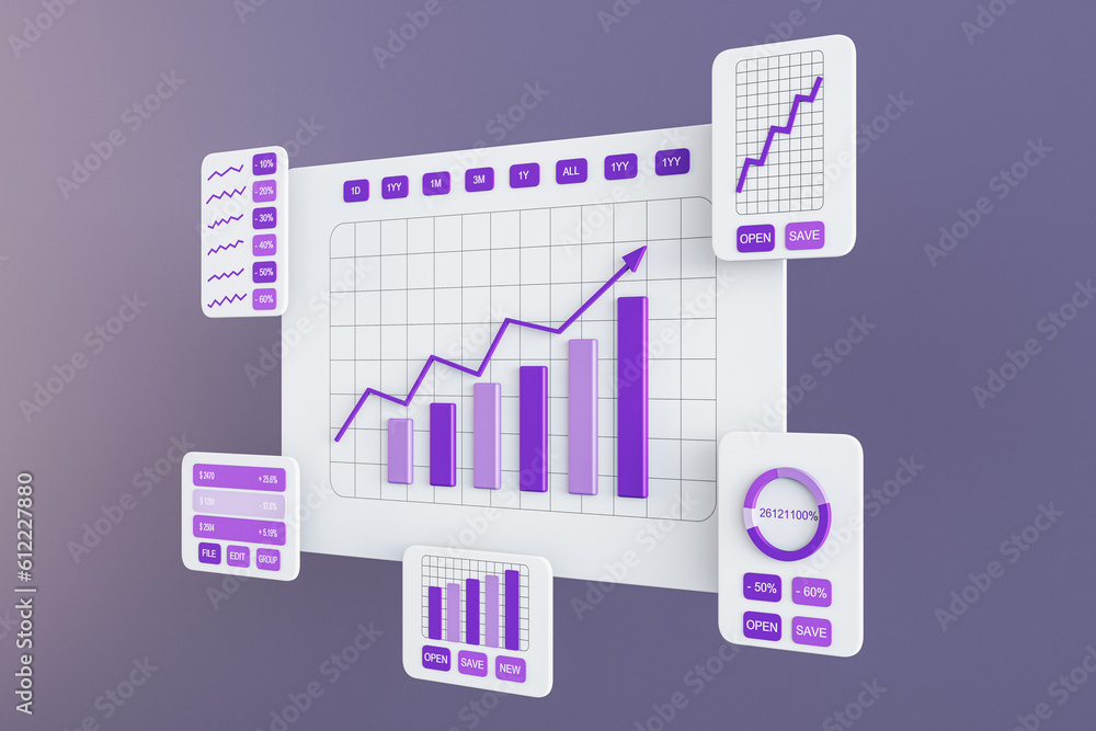 Poster Perspective view on project statistics, financial data, growing sales charts, report preparation and data synchronization white card windows with purple graphs on abstract background. 3D rendering