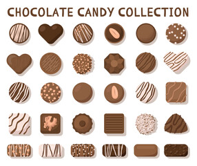 Chocolate candies set. Different shapes and flavors of chocolate