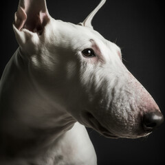 Studio shot with cute bull terrier dog portrait with the curiosity and innocent look as concept of modern happy domestic pet in ravishing hyper realistic detail by Generative AI.
